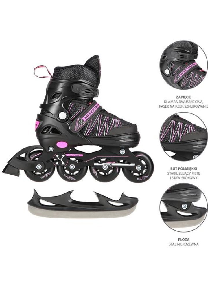 Patines Ajustables 2 en 1 Negro y Rosa – En Línea y de Hockey sobre Hielo 2 