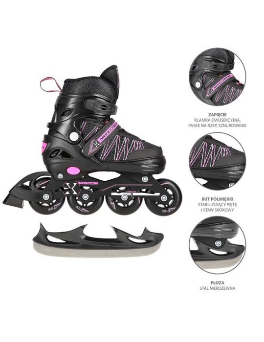 Patines Ajustables 2 en 1 Negro y Rosa – En Línea y de Hockey sobre Hielo 2 