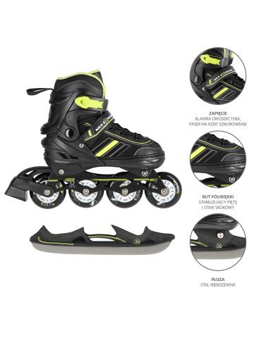 NH18191 2IN1 BLACK/LIME SIZE L(39-43) IN-LINE SKATES/HOCKEY ICE SKATES 2