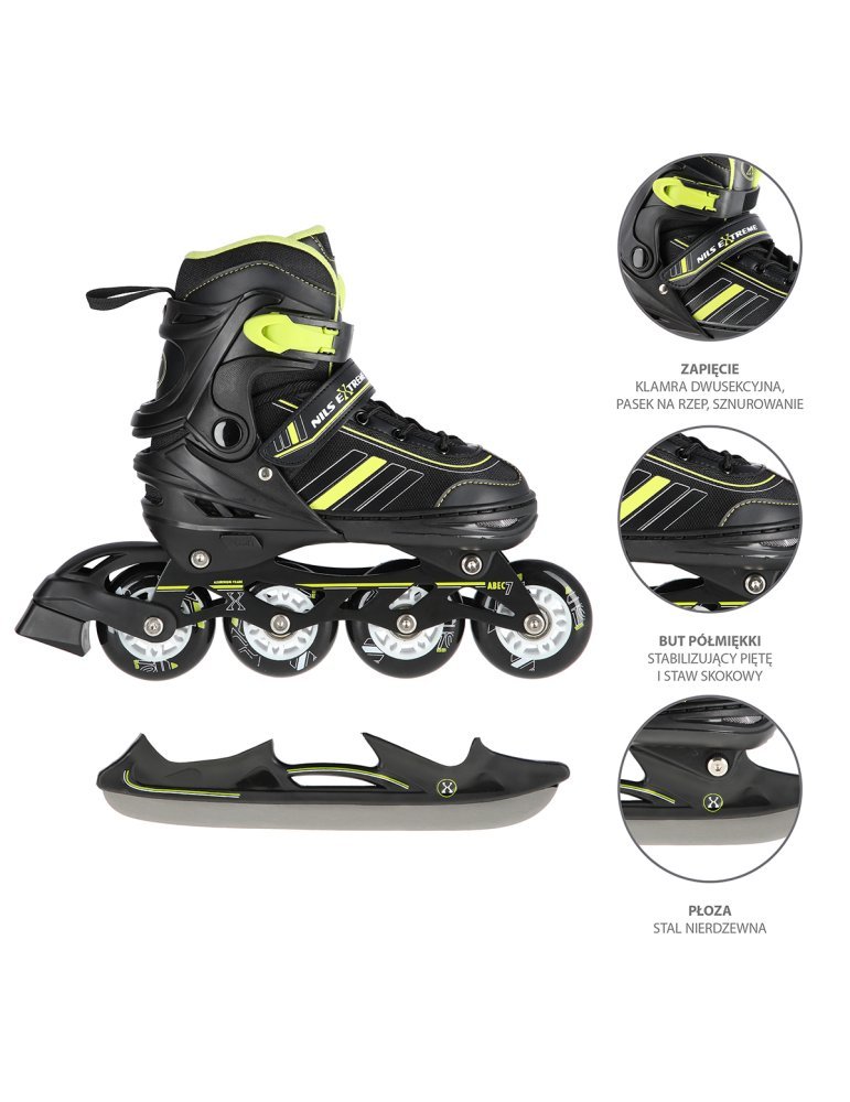 NH18191 2IN1 BLACK/LIME SIZE L(39-43) IN-LINE SKATES/HOCKEY ICE SKATES