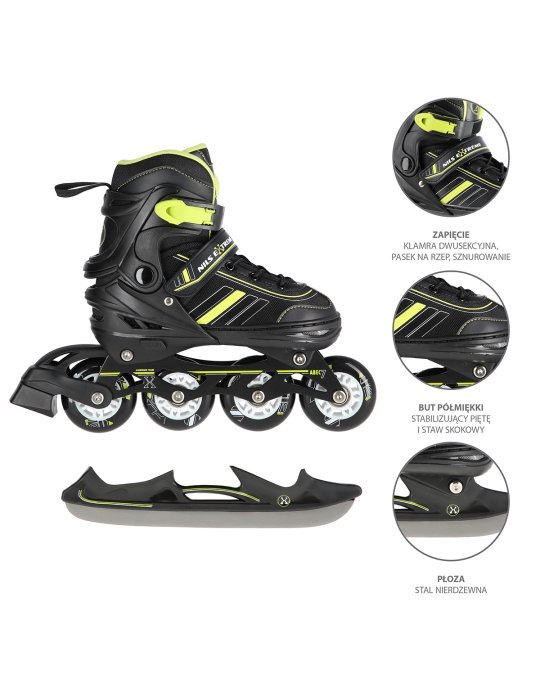 NH18191 2IN1 BLACK/LIME SIZE L(39-43) IN-LINE SKATES/HOCKEY ICE SKATES
