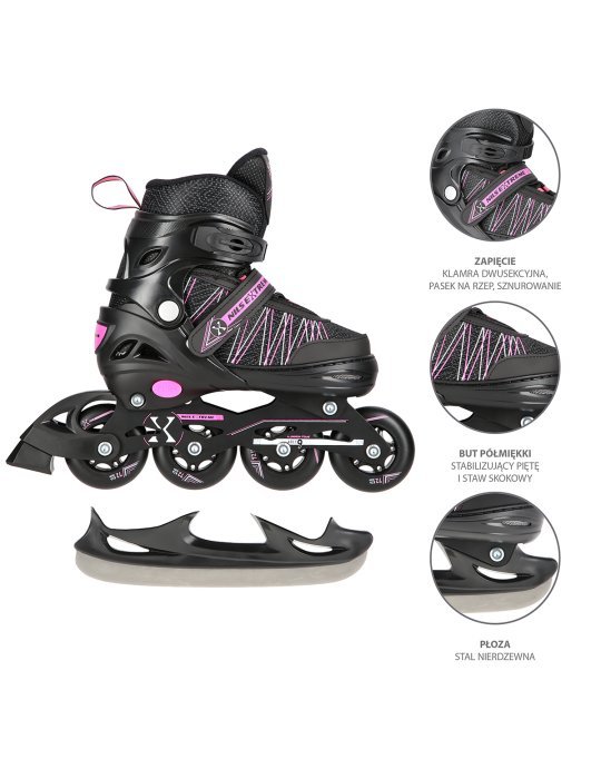 NH11912 A 2IN1 BLACK/PINK SIZE L(39-42) IN-LINE SKATES/HOCKEY ICE SKATES