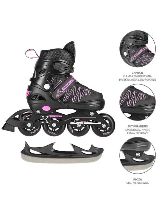 Patines Ajustables 2 En 1 Negro Y Rosa – En Línea Y De Hockey Sobre Hielo